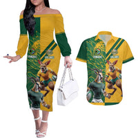 Personalized Rugby South Africa Australia Couples Matching Off The Shoulder Long Sleeve Dress and Hawaiian Shirt Springboks Wallabies Mascot Go Champions - Wonder Print Shop