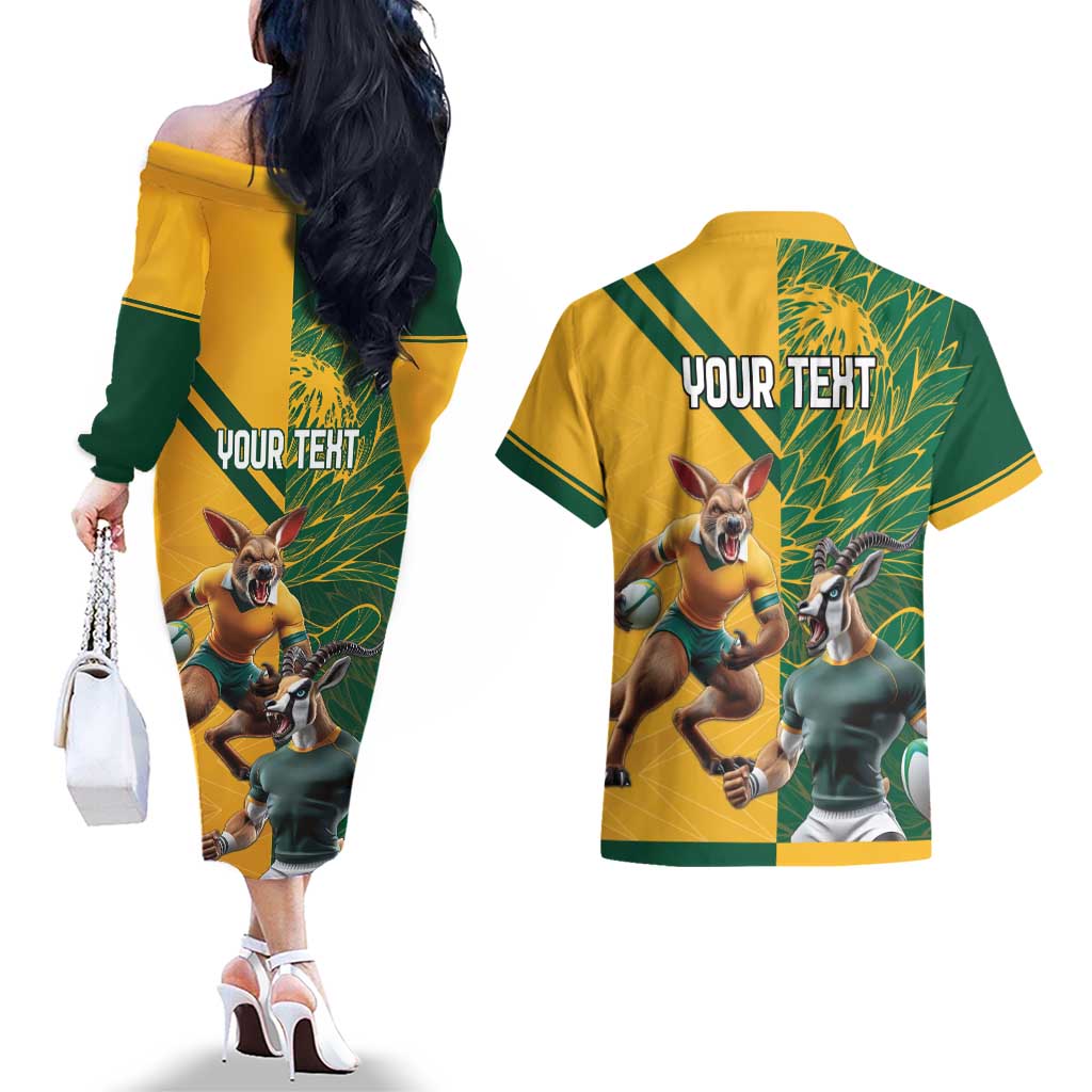 Personalized Rugby South Africa Australia Couples Matching Off The Shoulder Long Sleeve Dress and Hawaiian Shirt Springboks Wallabies Mascot Go Champions - Wonder Print Shop