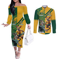Personalized Rugby South Africa Australia Couples Matching Off The Shoulder Long Sleeve Dress and Long Sleeve Button Shirt Springboks Wallabies Mascot Go Champions - Wonder Print Shop