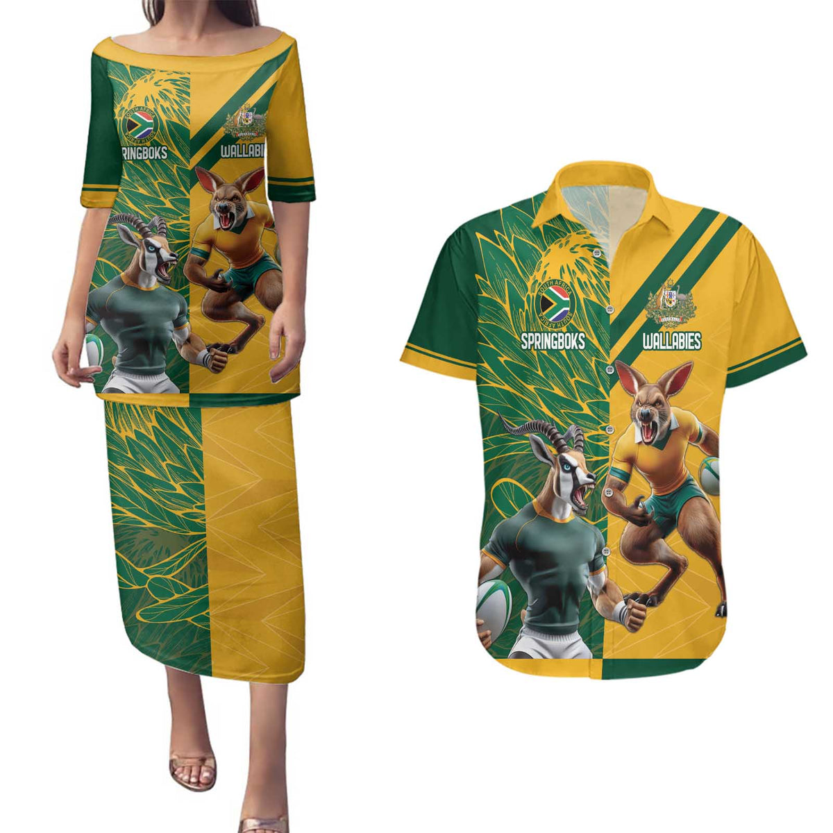 Personalized Rugby South Africa Australia Couples Matching Puletasi and Hawaiian Shirt Springboks Wallabies Mascot Go Champions - Wonder Print Shop