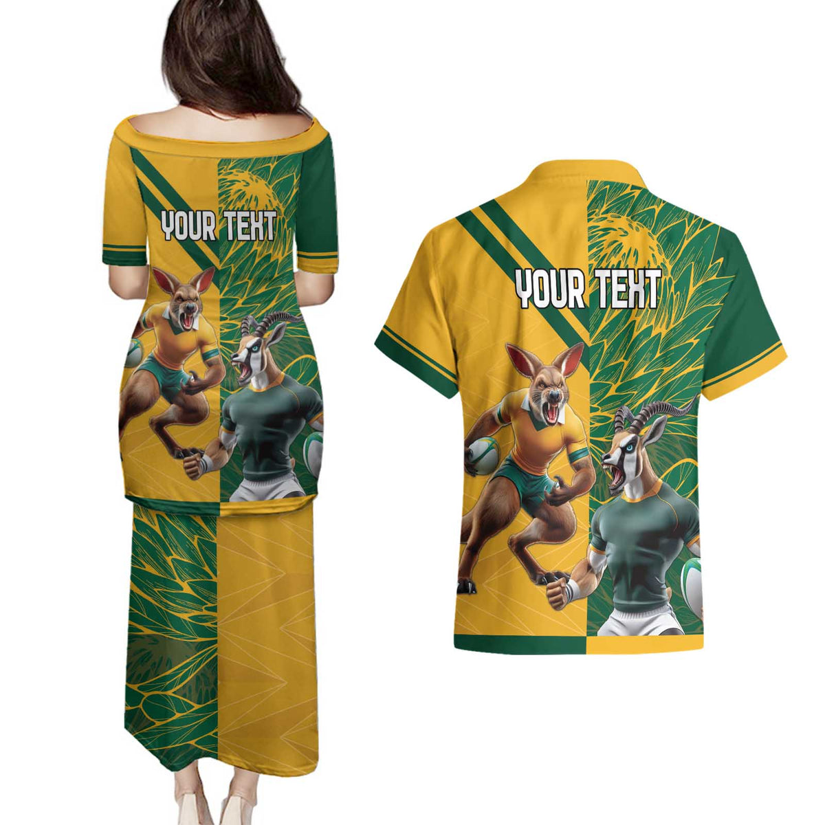 Personalized Rugby South Africa Australia Couples Matching Puletasi and Hawaiian Shirt Springboks Wallabies Mascot Go Champions - Wonder Print Shop