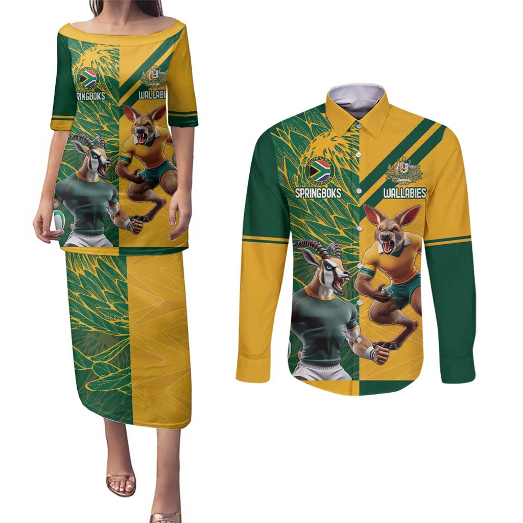 Personalized Rugby South Africa Australia Couples Matching Puletasi and Long Sleeve Button Shirt Springboks Wallabies Mascot Go Champions - Wonder Print Shop