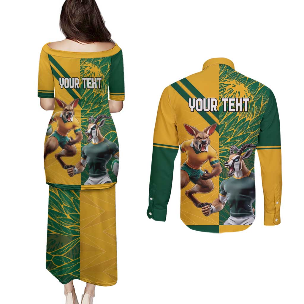 Personalized Rugby South Africa Australia Couples Matching Puletasi and Long Sleeve Button Shirt Springboks Wallabies Mascot Go Champions - Wonder Print Shop