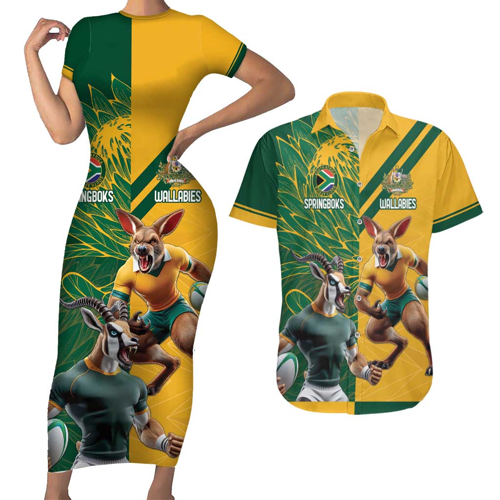 Personalized Rugby South Africa Australia Couples Matching Short Sleeve Bodycon Dress and Hawaiian Shirt Springboks Wallabies Mascot Go Champions - Wonder Print Shop