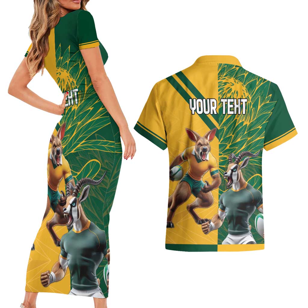 Personalized Rugby South Africa Australia Couples Matching Short Sleeve Bodycon Dress and Hawaiian Shirt Springboks Wallabies Mascot Go Champions - Wonder Print Shop