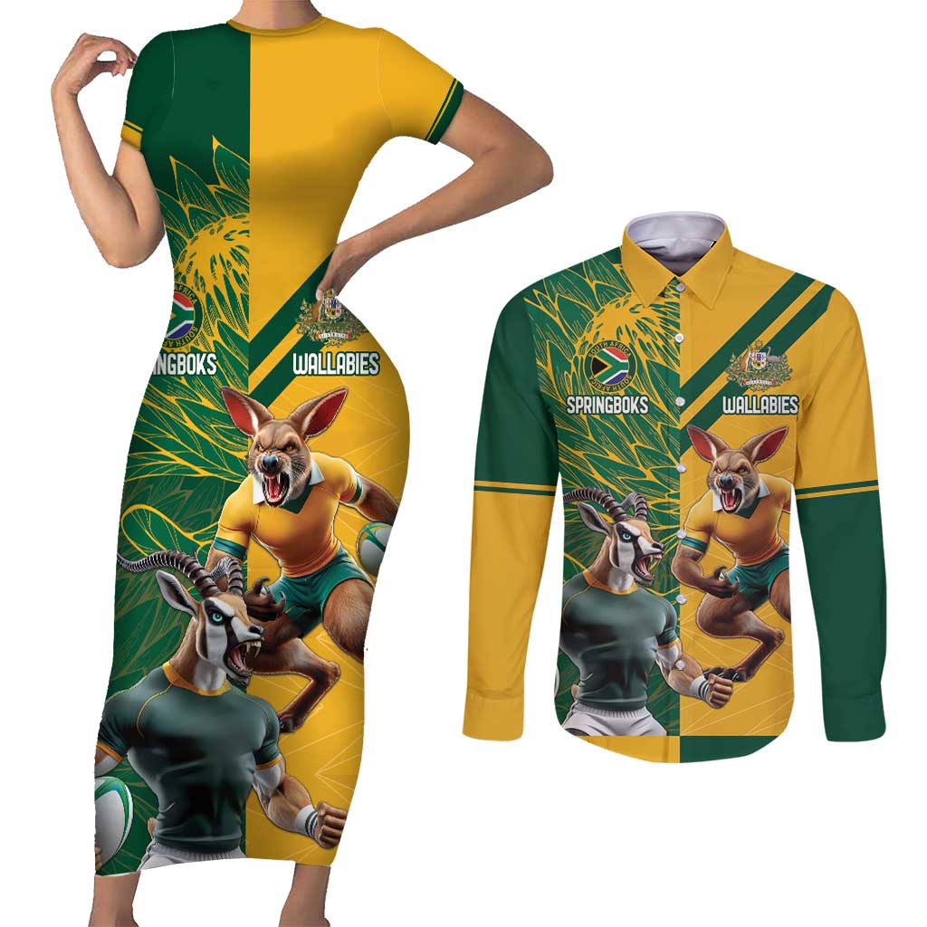 Personalized Rugby South Africa Australia Couples Matching Short Sleeve Bodycon Dress and Long Sleeve Button Shirt Springboks Wallabies Mascot Go Champions - Wonder Print Shop