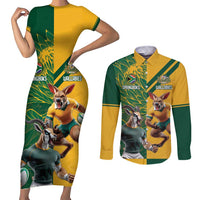 Personalized Rugby South Africa Australia Couples Matching Short Sleeve Bodycon Dress and Long Sleeve Button Shirt Springboks Wallabies Mascot Go Champions - Wonder Print Shop