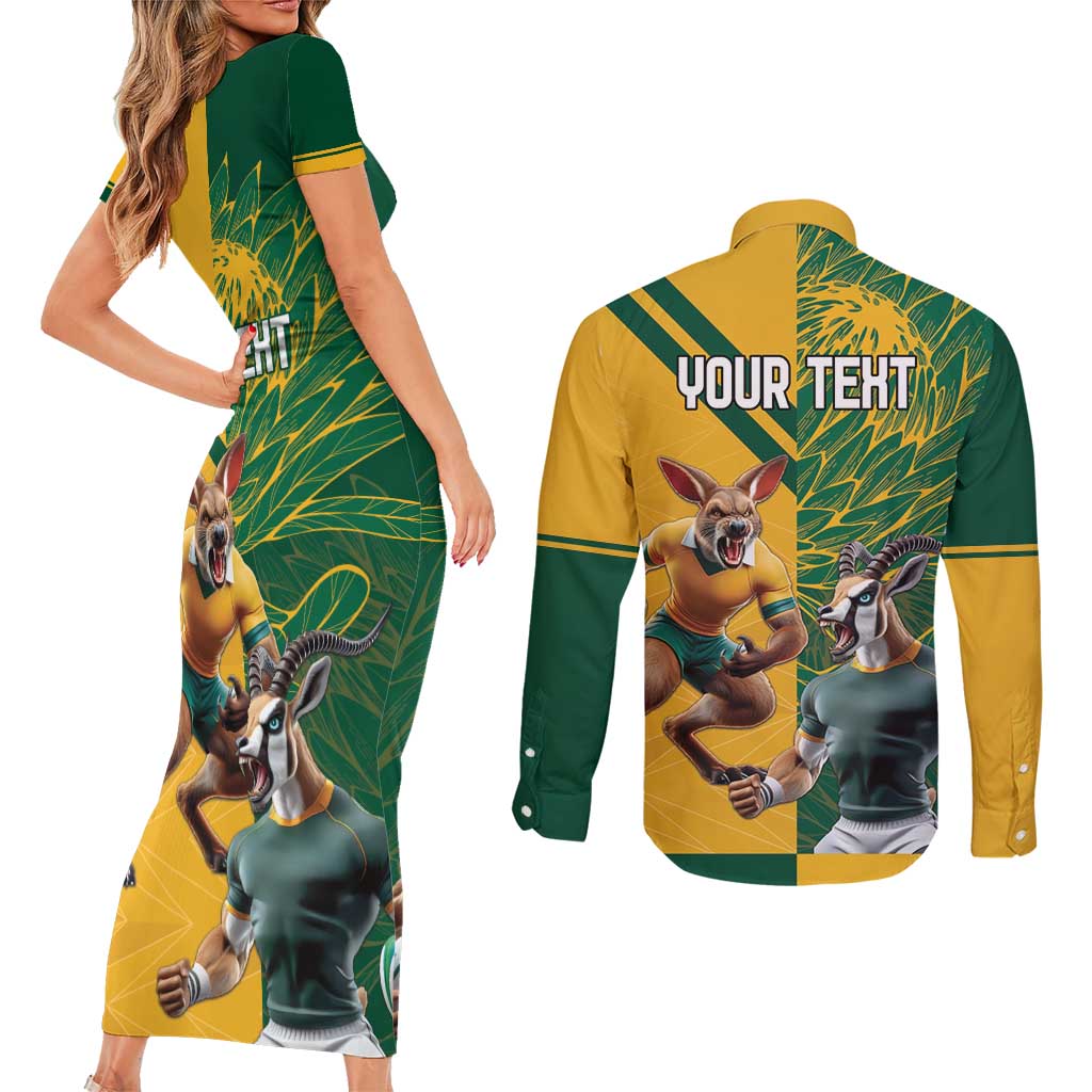 Personalized Rugby South Africa Australia Couples Matching Short Sleeve Bodycon Dress and Long Sleeve Button Shirt Springboks Wallabies Mascot Go Champions - Wonder Print Shop