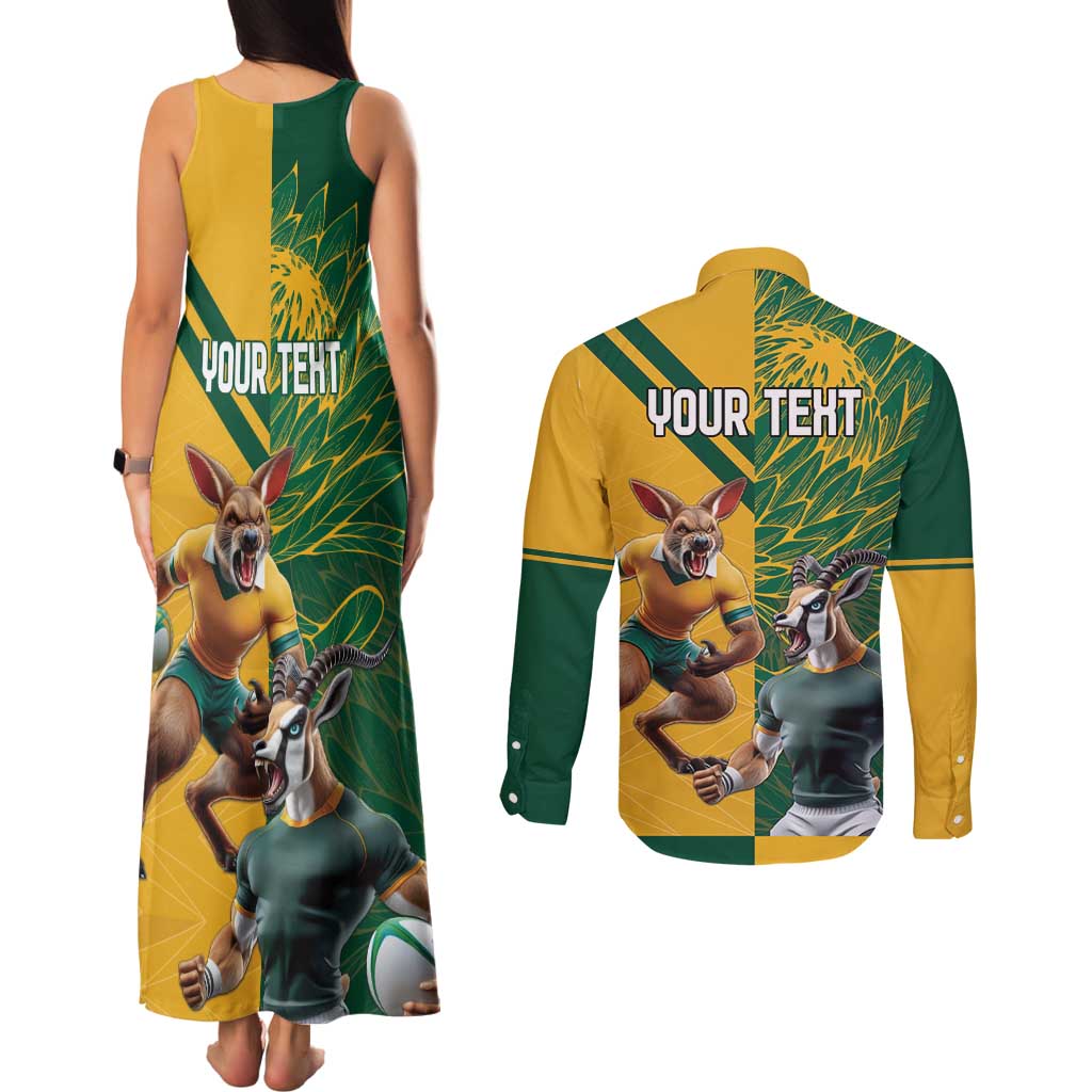 Personalized Rugby South Africa Australia Couples Matching Tank Maxi Dress and Long Sleeve Button Shirt Springboks Wallabies Mascot Go Champions - Wonder Print Shop