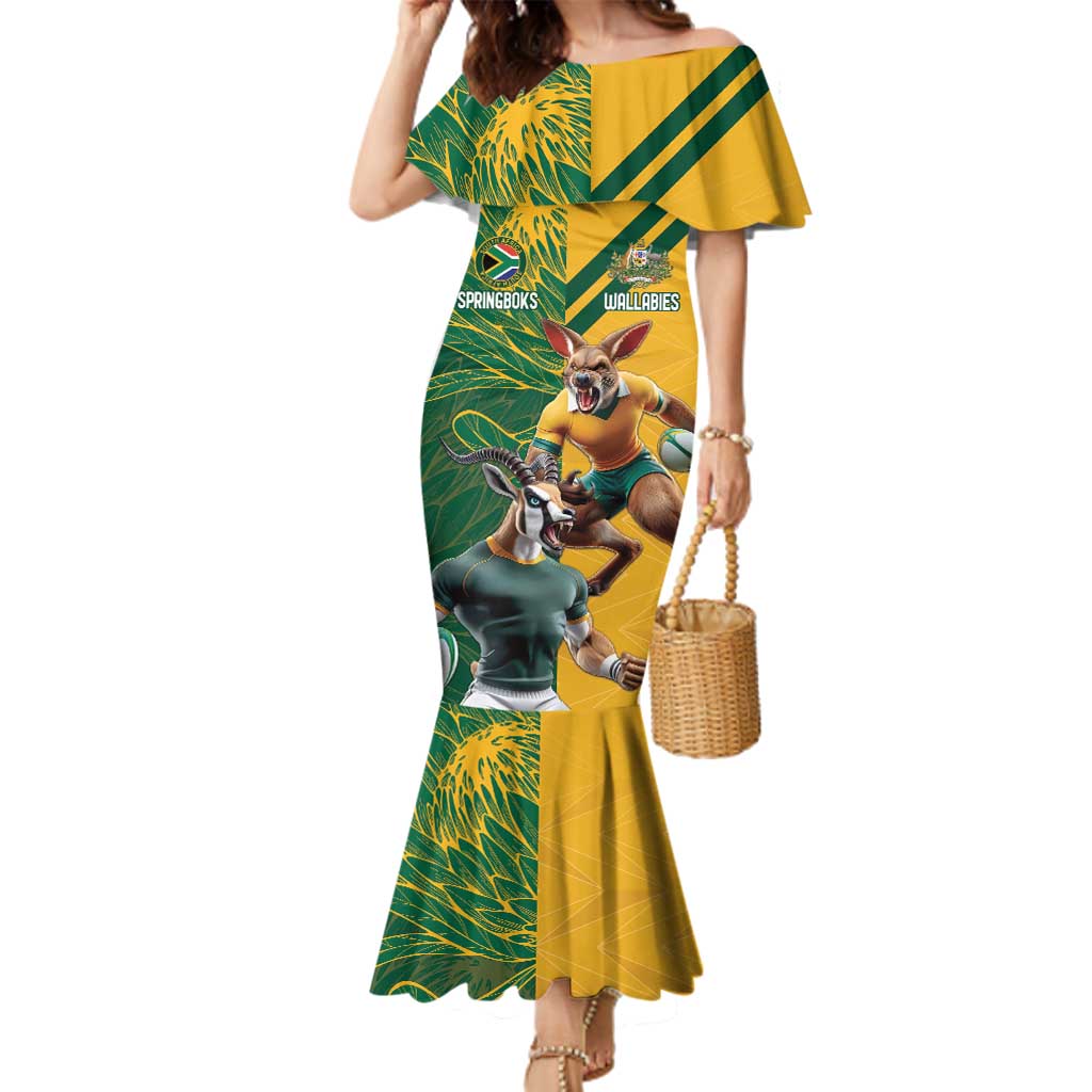 Personalized Rugby South Africa Australia Family Matching Mermaid Dress and Hawaiian Shirt Springboks Wallabies Mascot Go Champions - Wonder Print Shop