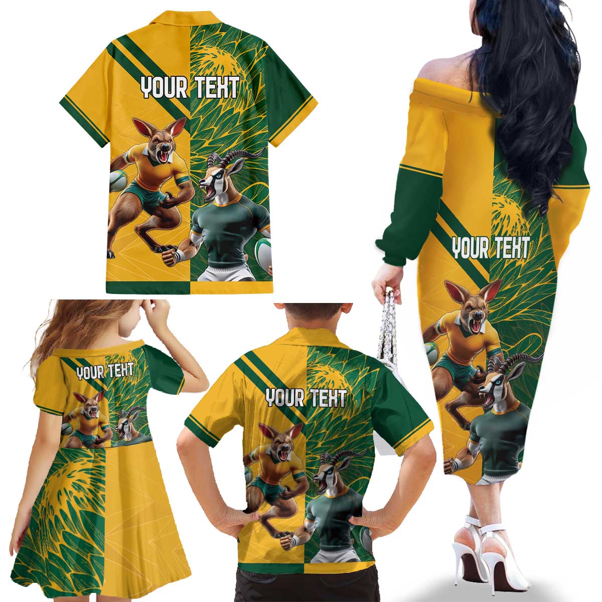 Personalized Rugby South Africa Australia Family Matching Off The Shoulder Long Sleeve Dress and Hawaiian Shirt Springboks Wallabies Mascot Go Champions - Wonder Print Shop