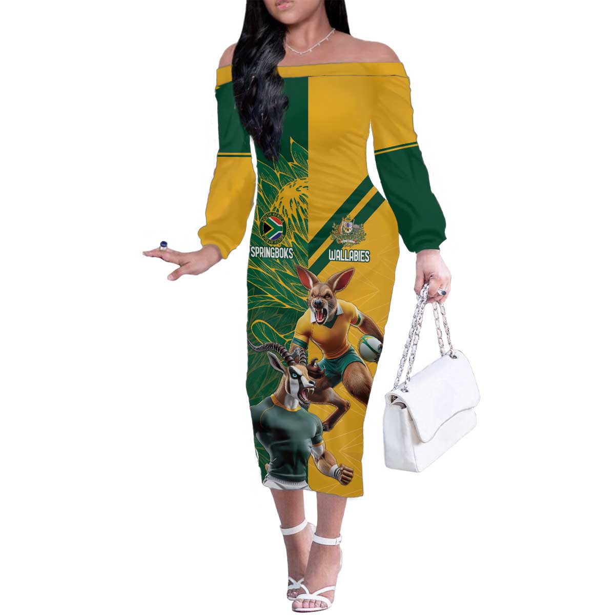 Personalized Rugby South Africa Australia Family Matching Off The Shoulder Long Sleeve Dress and Hawaiian Shirt Springboks Wallabies Mascot Go Champions - Wonder Print Shop