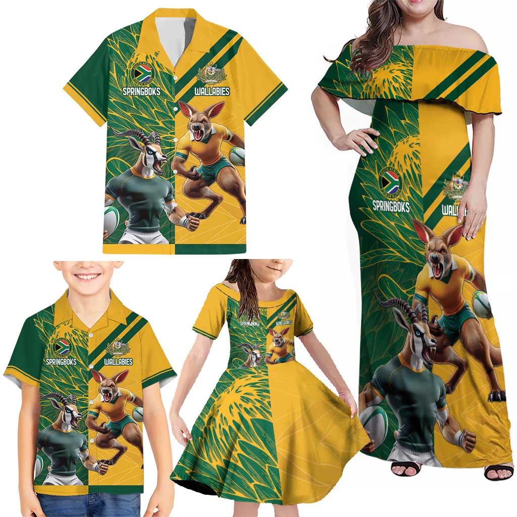Personalized Rugby South Africa Australia Family Matching Off Shoulder Maxi Dress and Hawaiian Shirt Springboks Wallabies Mascot Go Champions - Wonder Print Shop