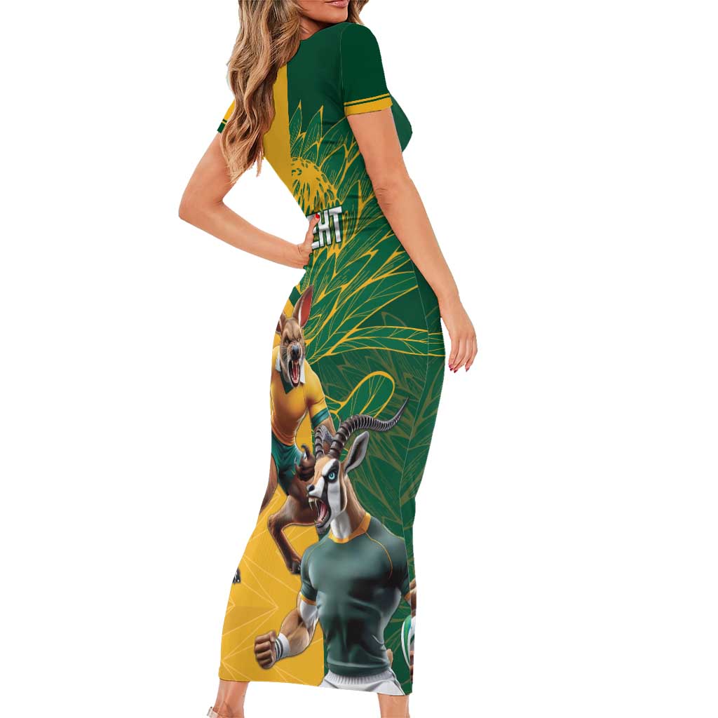 Personalized Rugby South Africa Australia Family Matching Short Sleeve Bodycon Dress and Hawaiian Shirt Springboks Wallabies Mascot Go Champions - Wonder Print Shop