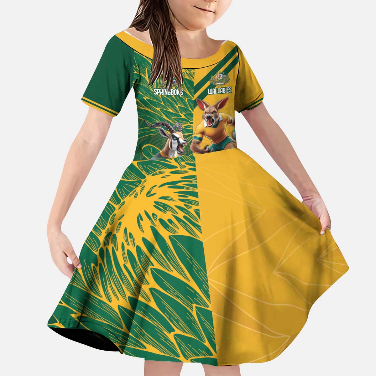 Personalized Rugby South Africa Australia Kid Short Sleeve Dress Springboks Wallabies Mascot Go Champions - Wonder Print Shop