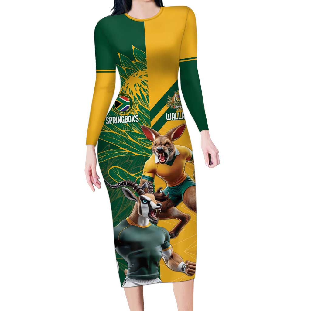 Personalized Rugby South Africa Australia Long Sleeve Bodycon Dress Springboks Wallabies Mascot Go Champions - Wonder Print Shop