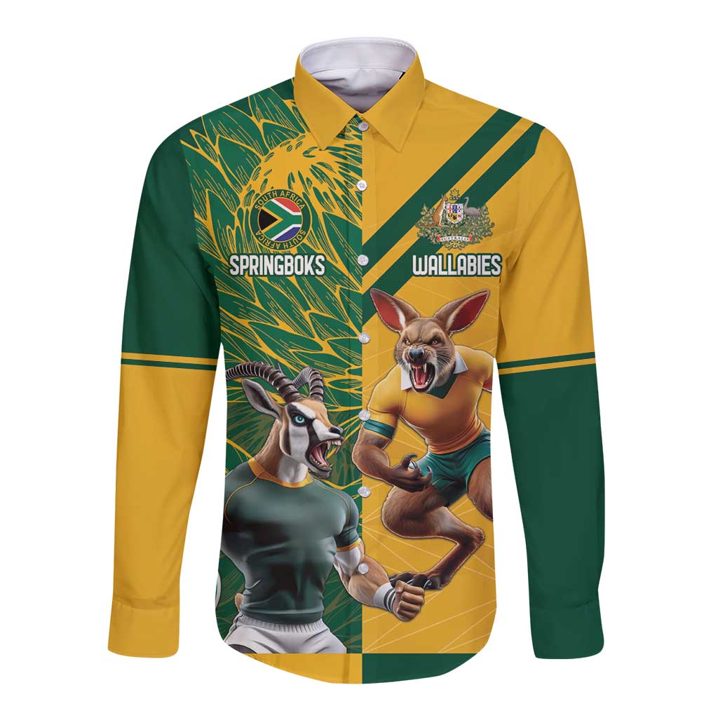 Personalized Rugby South Africa Australia Long Sleeve Button Shirt Springboks Wallabies Mascot Go Champions - Wonder Print Shop