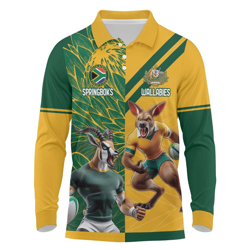 Personalized Rugby South Africa Australia Long Sleeve Polo Shirt Springboks Wallabies Mascot Go Champions - Wonder Print Shop