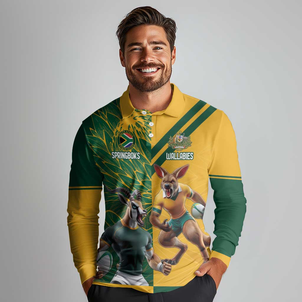 Personalized Rugby South Africa Australia Long Sleeve Polo Shirt Springboks Wallabies Mascot Go Champions - Wonder Print Shop