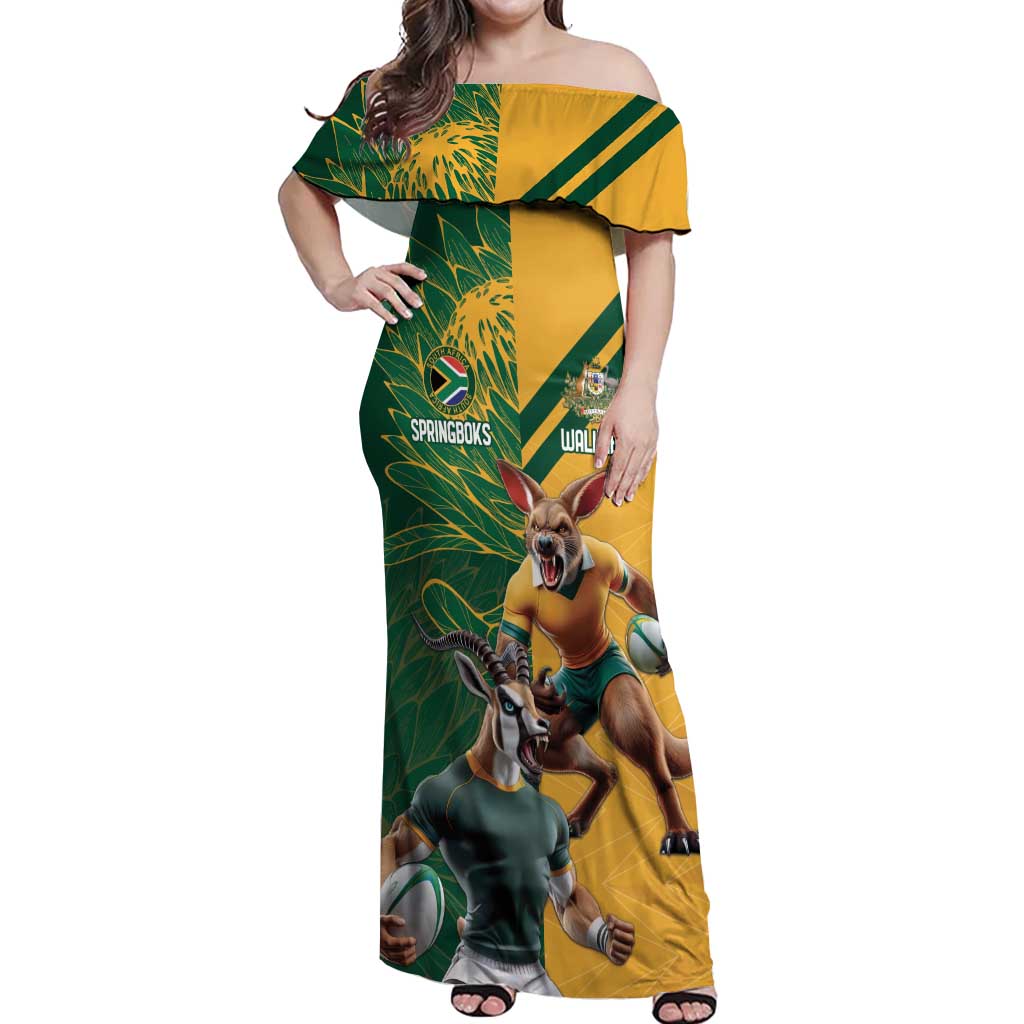 Personalized Rugby South Africa Australia Off Shoulder Maxi Dress Springboks Wallabies Mascot Go Champions - Wonder Print Shop