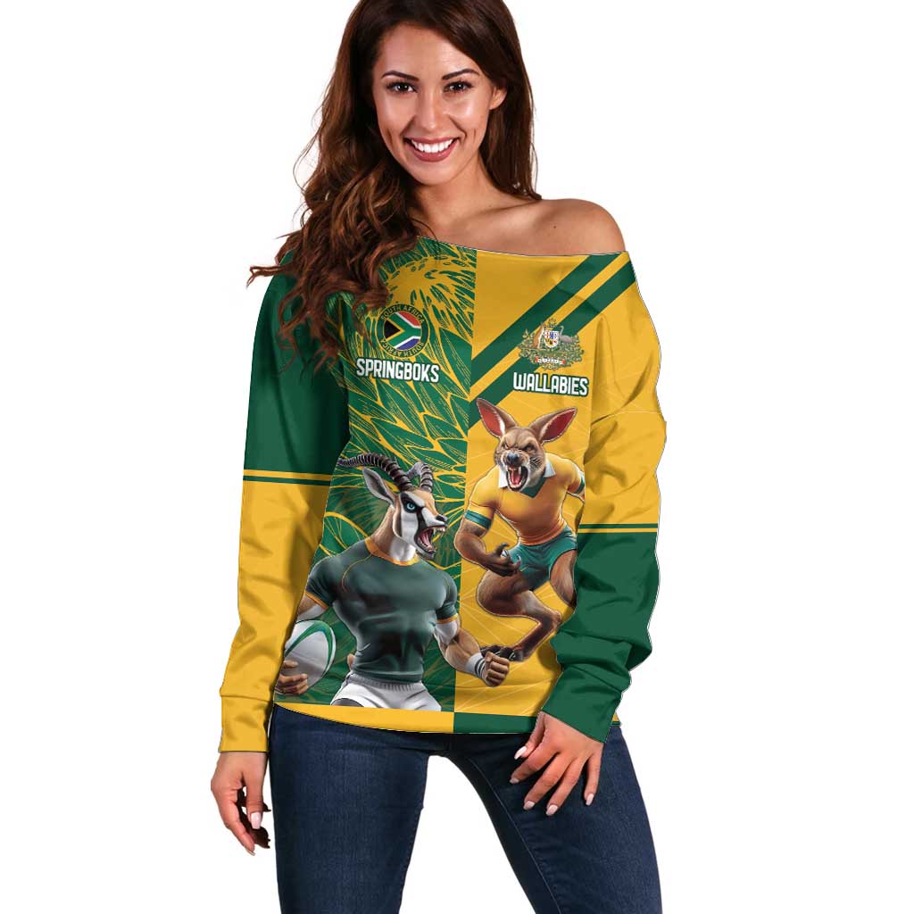 Personalized Rugby South Africa Australia Off Shoulder Sweater Springboks Wallabies Mascot Go Champions - Wonder Print Shop