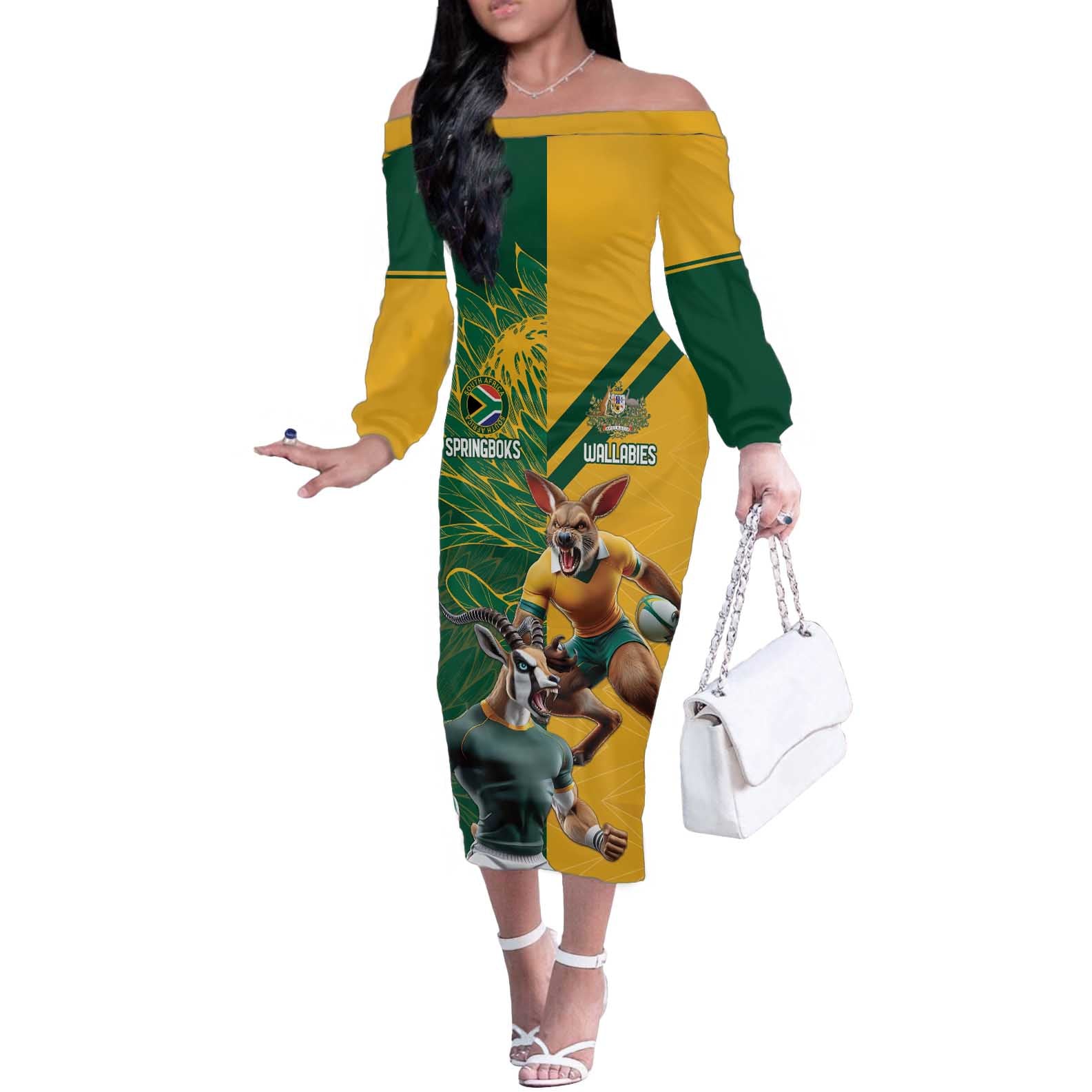 Personalized Rugby South Africa Australia Off The Shoulder Long Sleeve Dress Springboks Wallabies Mascot Go Champions - Wonder Print Shop