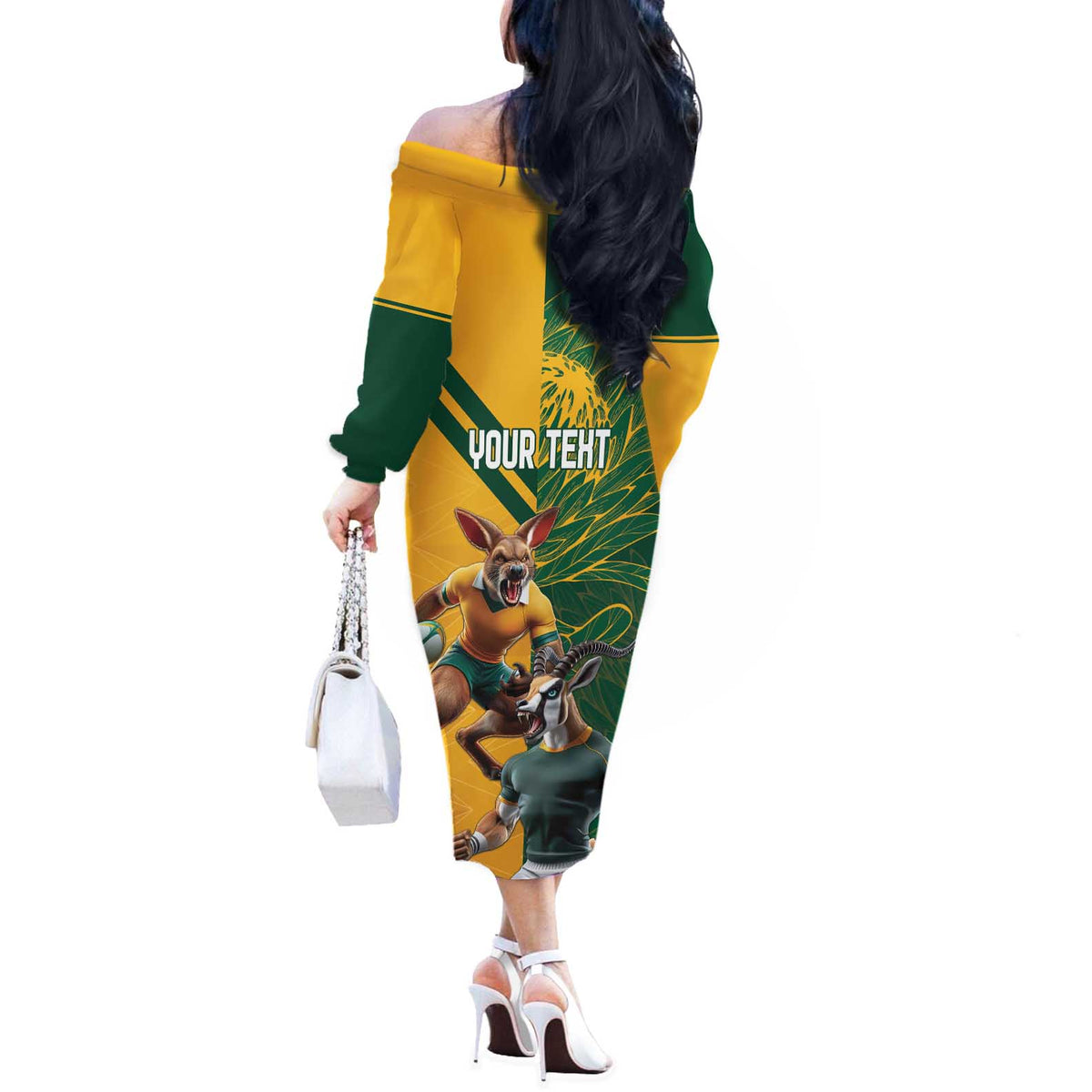 Personalized Rugby South Africa Australia Off The Shoulder Long Sleeve Dress Springboks Wallabies Mascot Go Champions - Wonder Print Shop