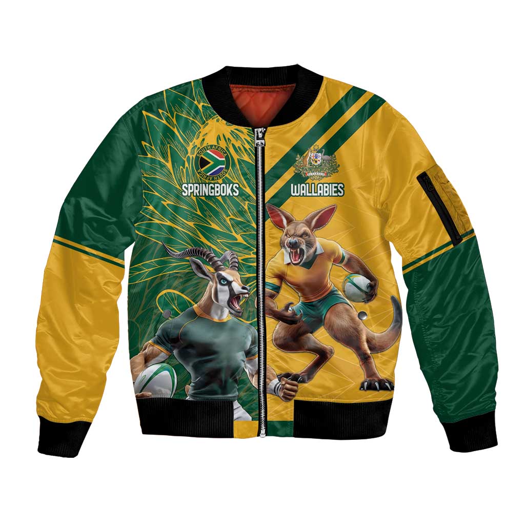 Personalized Rugby South Africa Australia Sleeve Zip Bomber Jacket Springboks Wallabies Mascot Go Champions - Wonder Print Shop