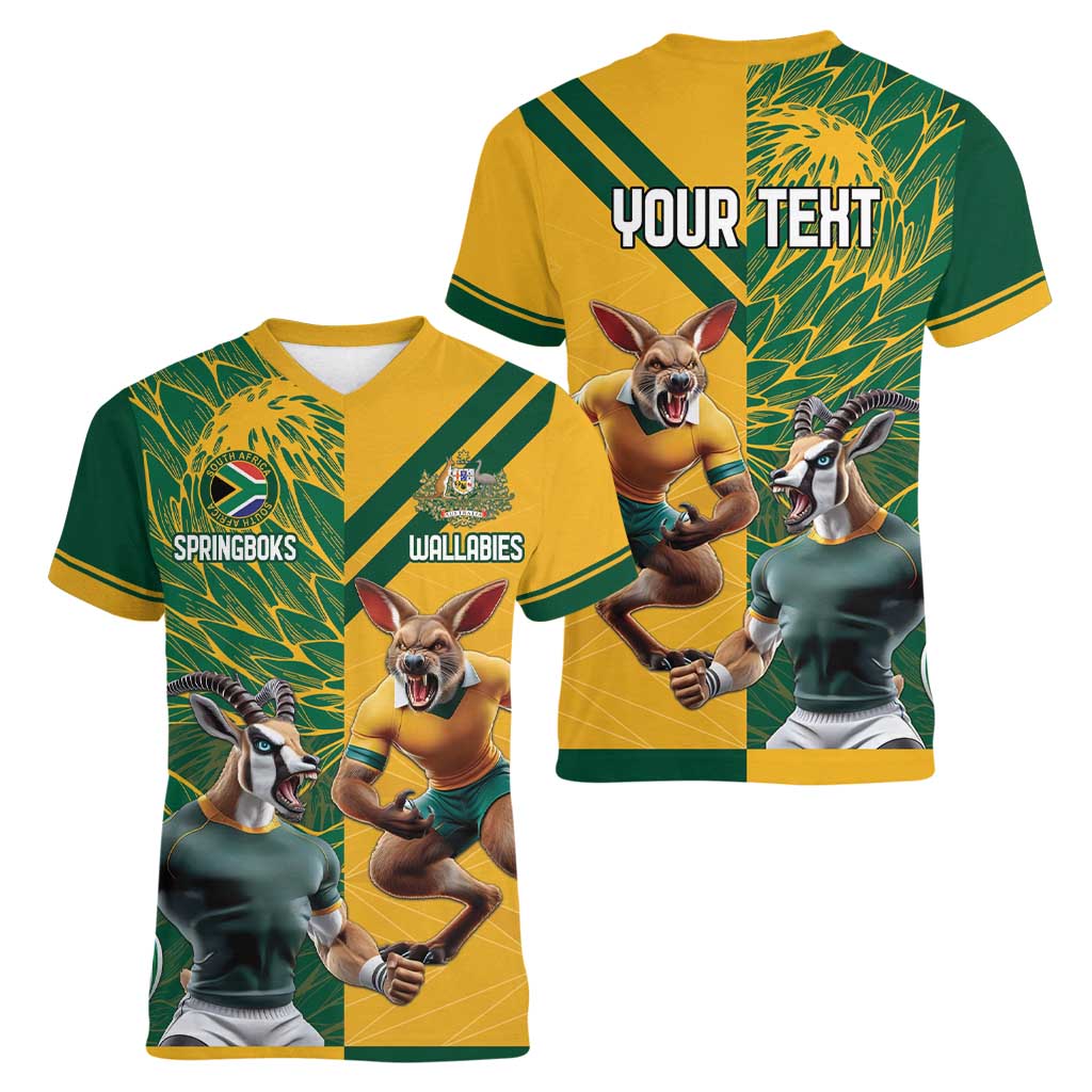 Personalized Rugby South Africa Australia Women V-Neck T-Shirt Springboks Wallabies Mascot Go Champions - Wonder Print Shop