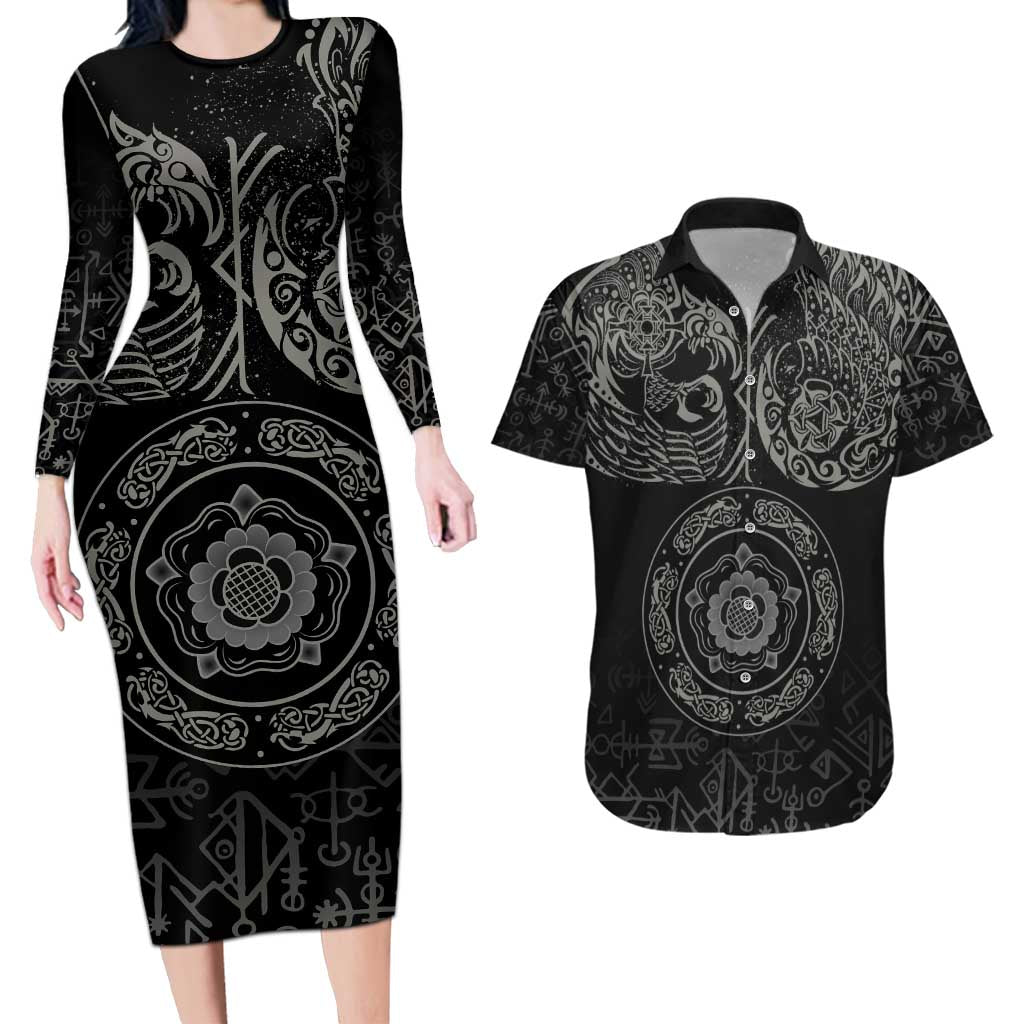 Viking Pride of Yorkshire Couples Matching Long Sleeve Bodycon Dress and Hawaiian Shirt Black Odin’s Ravens Nordic - Wonder Print Shop