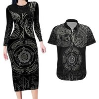 Viking Pride of Yorkshire Couples Matching Long Sleeve Bodycon Dress and Hawaiian Shirt Black Odin’s Ravens Nordic - Wonder Print Shop