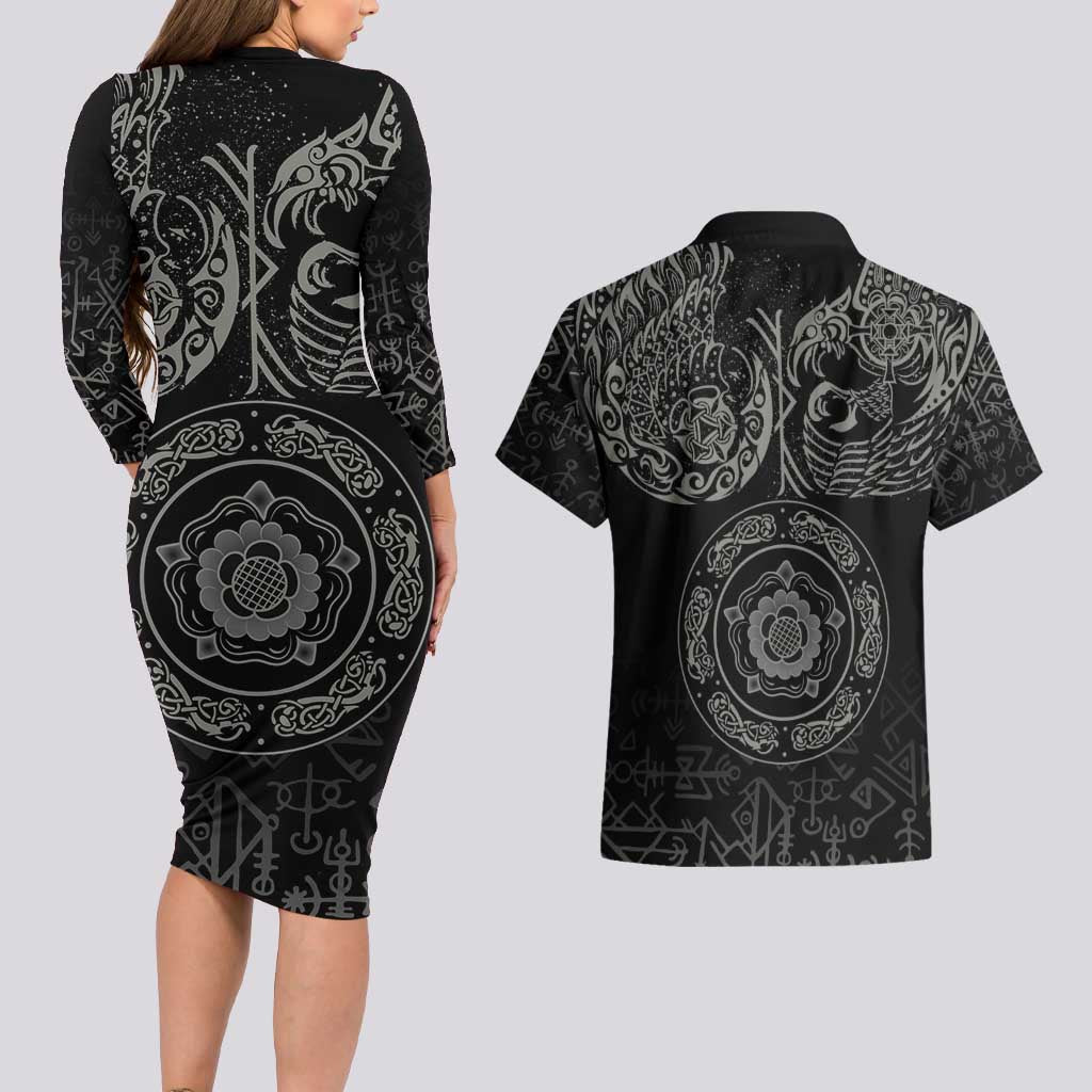 Viking Pride of Yorkshire Couples Matching Long Sleeve Bodycon Dress and Hawaiian Shirt Black Odin’s Ravens Nordic - Wonder Print Shop