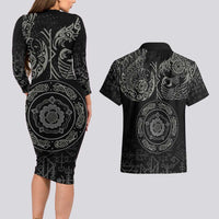 Viking Pride of Yorkshire Couples Matching Long Sleeve Bodycon Dress and Hawaiian Shirt Black Odin’s Ravens Nordic - Wonder Print Shop