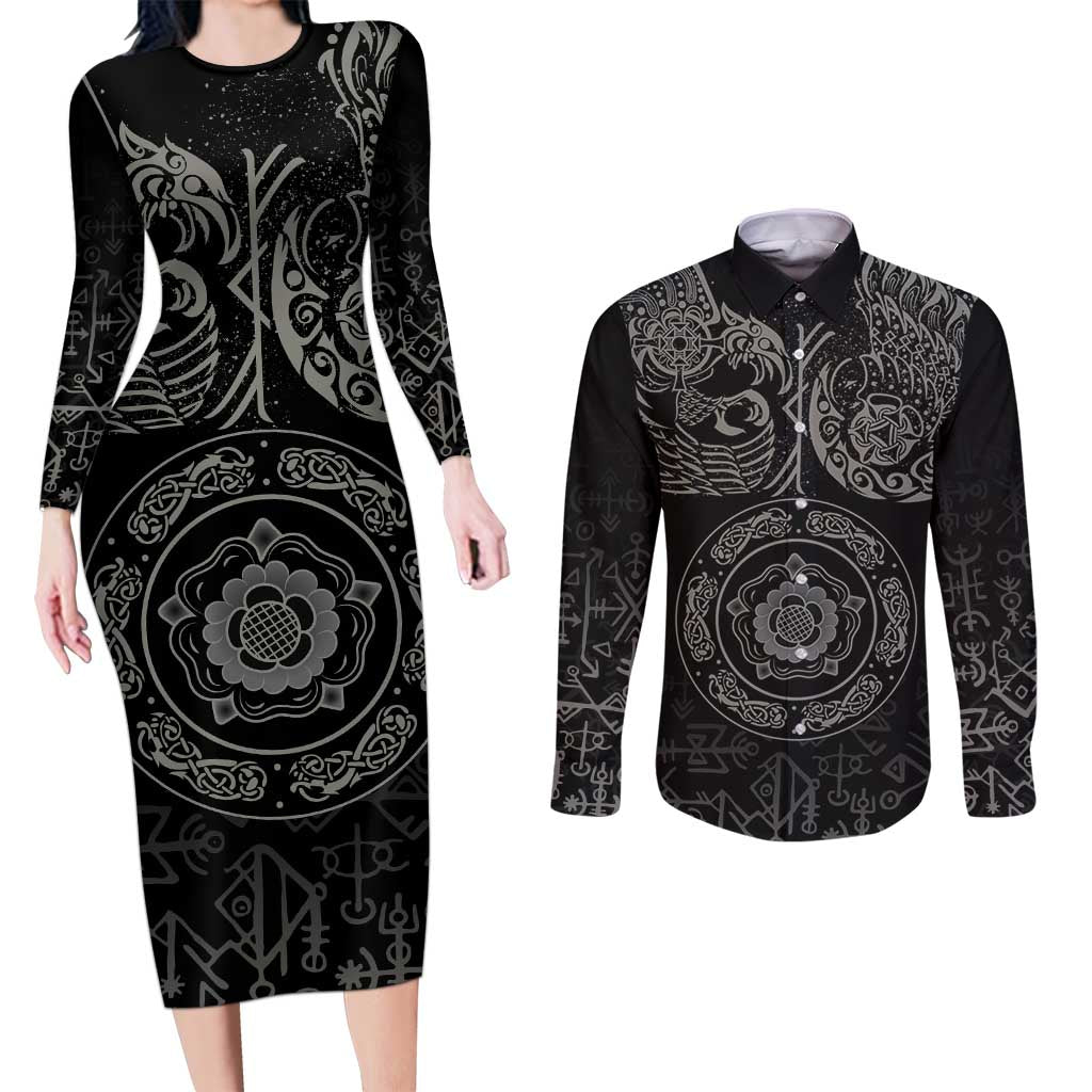 Viking Pride of Yorkshire Couples Matching Long Sleeve Bodycon Dress and Long Sleeve Button Shirt Black Odin’s Ravens Nordic - Wonder Print Shop
