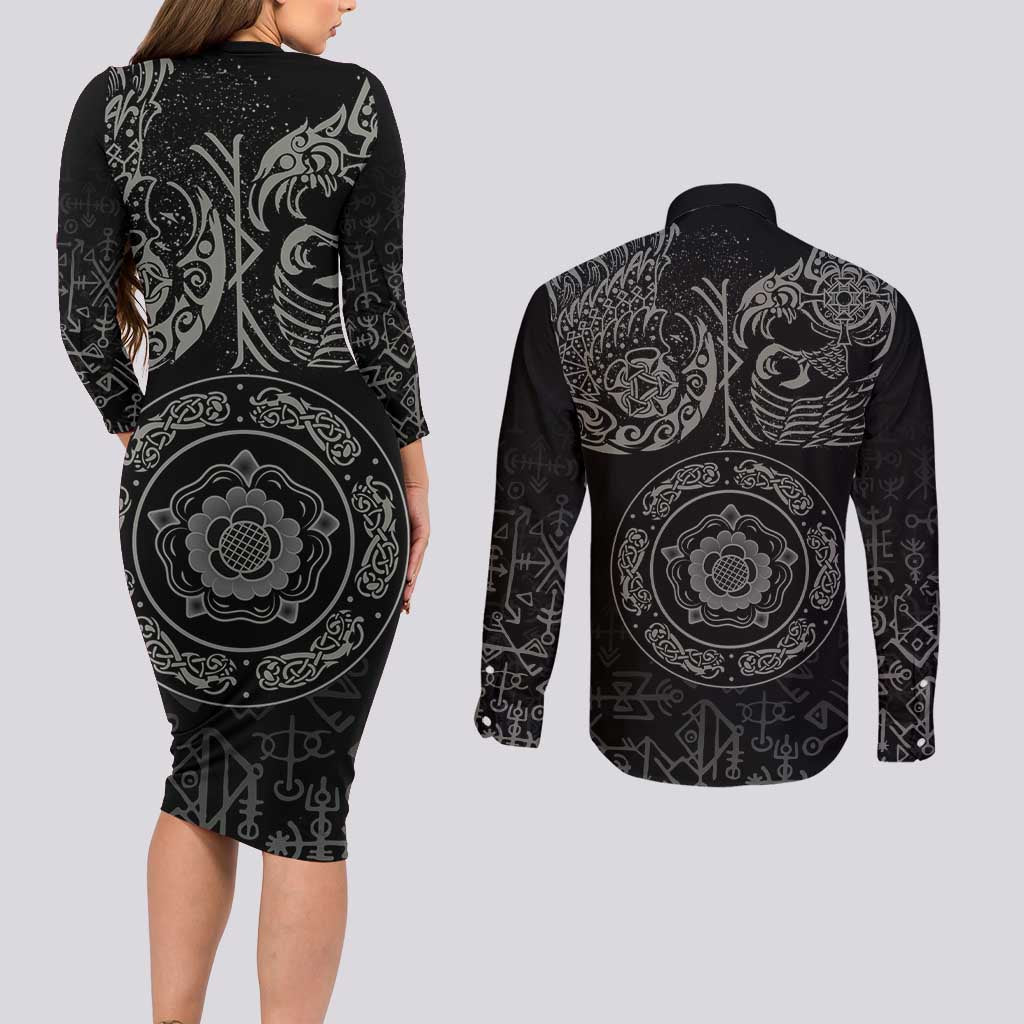 Viking Pride of Yorkshire Couples Matching Long Sleeve Bodycon Dress and Long Sleeve Button Shirt Black Odin’s Ravens Nordic - Wonder Print Shop