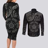Viking Pride of Yorkshire Couples Matching Long Sleeve Bodycon Dress and Long Sleeve Button Shirt Black Odin’s Ravens Nordic - Wonder Print Shop