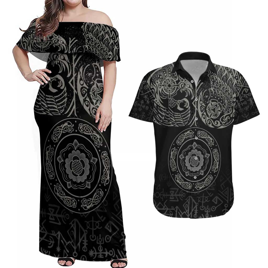 Viking Pride of Yorkshire Couples Matching Off Shoulder Maxi Dress and Hawaiian Shirt Black Odin’s Ravens Nordic - Wonder Print Shop
