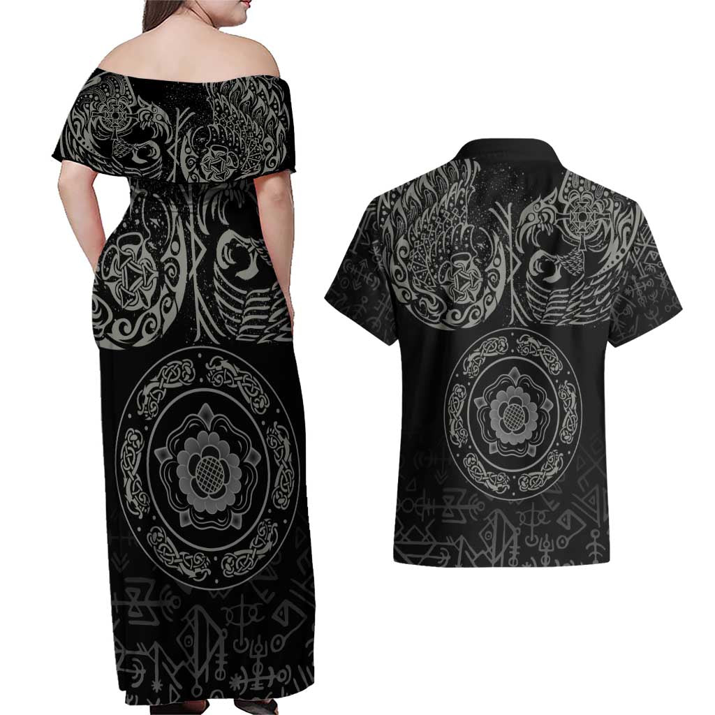 Viking Pride of Yorkshire Couples Matching Off Shoulder Maxi Dress and Hawaiian Shirt Black Odin’s Ravens Nordic - Wonder Print Shop