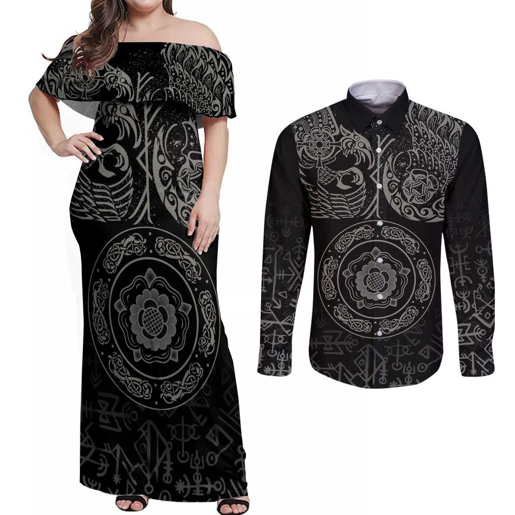 Viking Pride of Yorkshire Couples Matching Off Shoulder Maxi Dress and Long Sleeve Button Shirt Black Odin’s Ravens Nordic - Wonder Print Shop