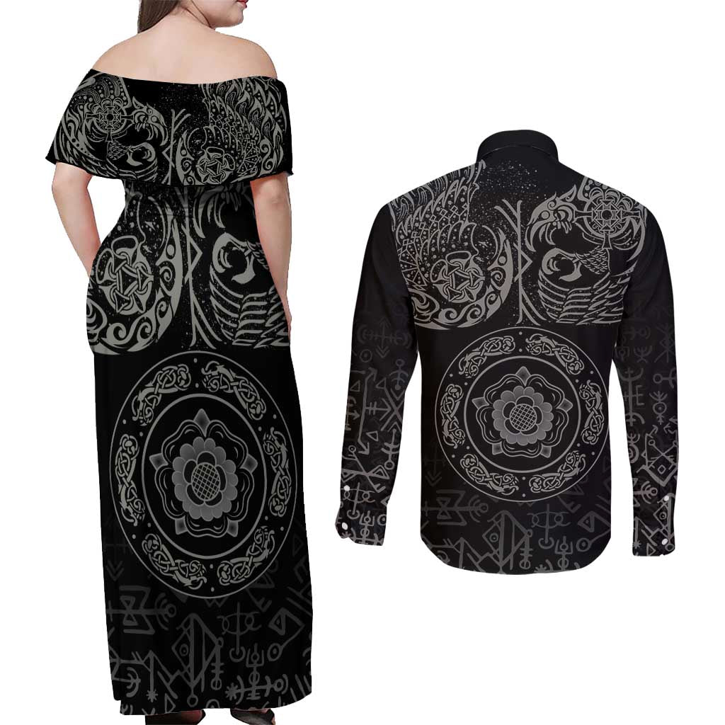 Viking Pride of Yorkshire Couples Matching Off Shoulder Maxi Dress and Long Sleeve Button Shirt Black Odin’s Ravens Nordic - Wonder Print Shop