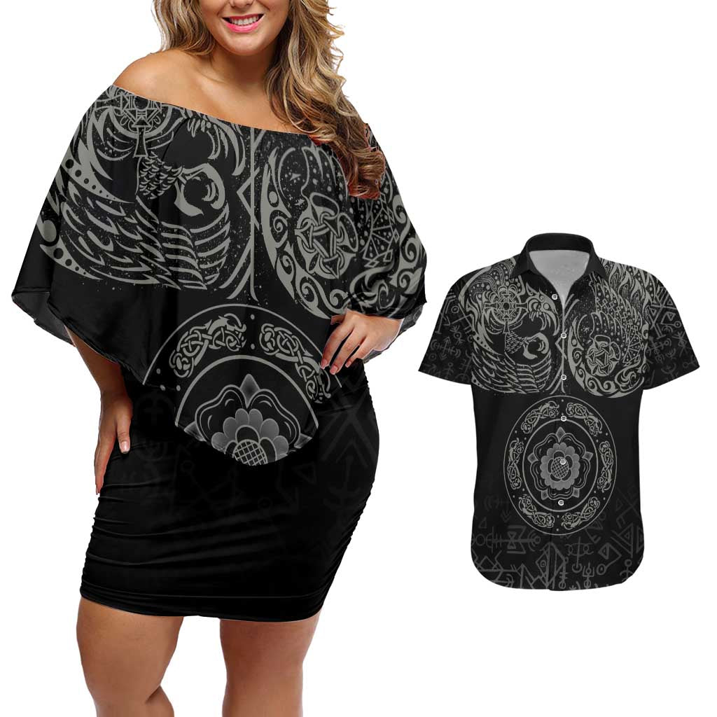 Viking Pride of Yorkshire Couples Matching Off Shoulder Short Dress and Hawaiian Shirt Black Odin’s Ravens Nordic - Wonder Print Shop