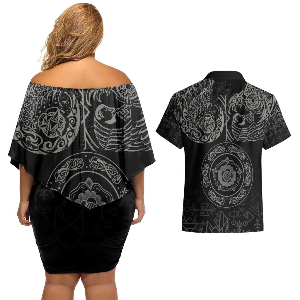 Viking Pride of Yorkshire Couples Matching Off Shoulder Short Dress and Hawaiian Shirt Black Odin’s Ravens Nordic - Wonder Print Shop