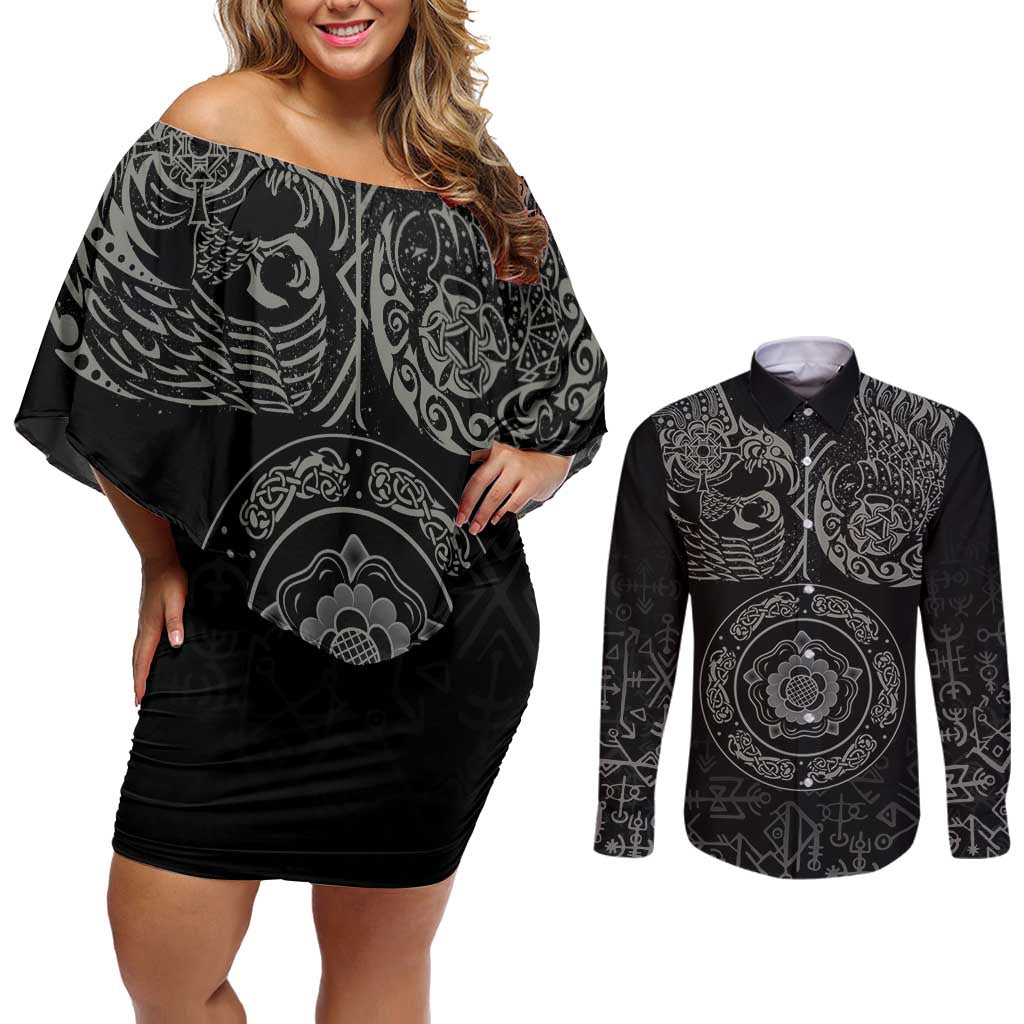 Viking Pride of Yorkshire Couples Matching Off Shoulder Short Dress and Long Sleeve Button Shirt Black Odin’s Ravens Nordic - Wonder Print Shop