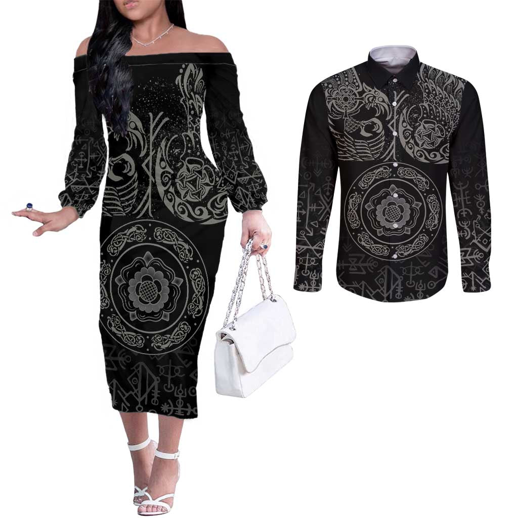 Viking Pride of Yorkshire Couples Matching Off The Shoulder Long Sleeve Dress and Long Sleeve Button Shirt Black Odin’s Ravens Nordic - Wonder Print Shop