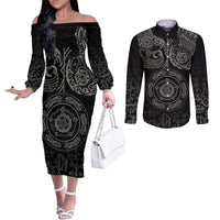 Viking Pride of Yorkshire Couples Matching Off The Shoulder Long Sleeve Dress and Long Sleeve Button Shirt Black Odin’s Ravens Nordic - Wonder Print Shop
