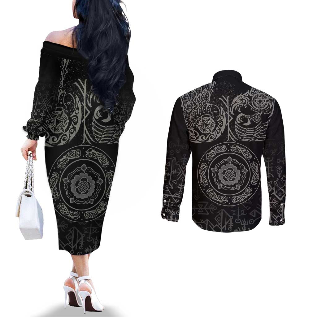 Viking Pride of Yorkshire Couples Matching Off The Shoulder Long Sleeve Dress and Long Sleeve Button Shirt Black Odin’s Ravens Nordic - Wonder Print Shop