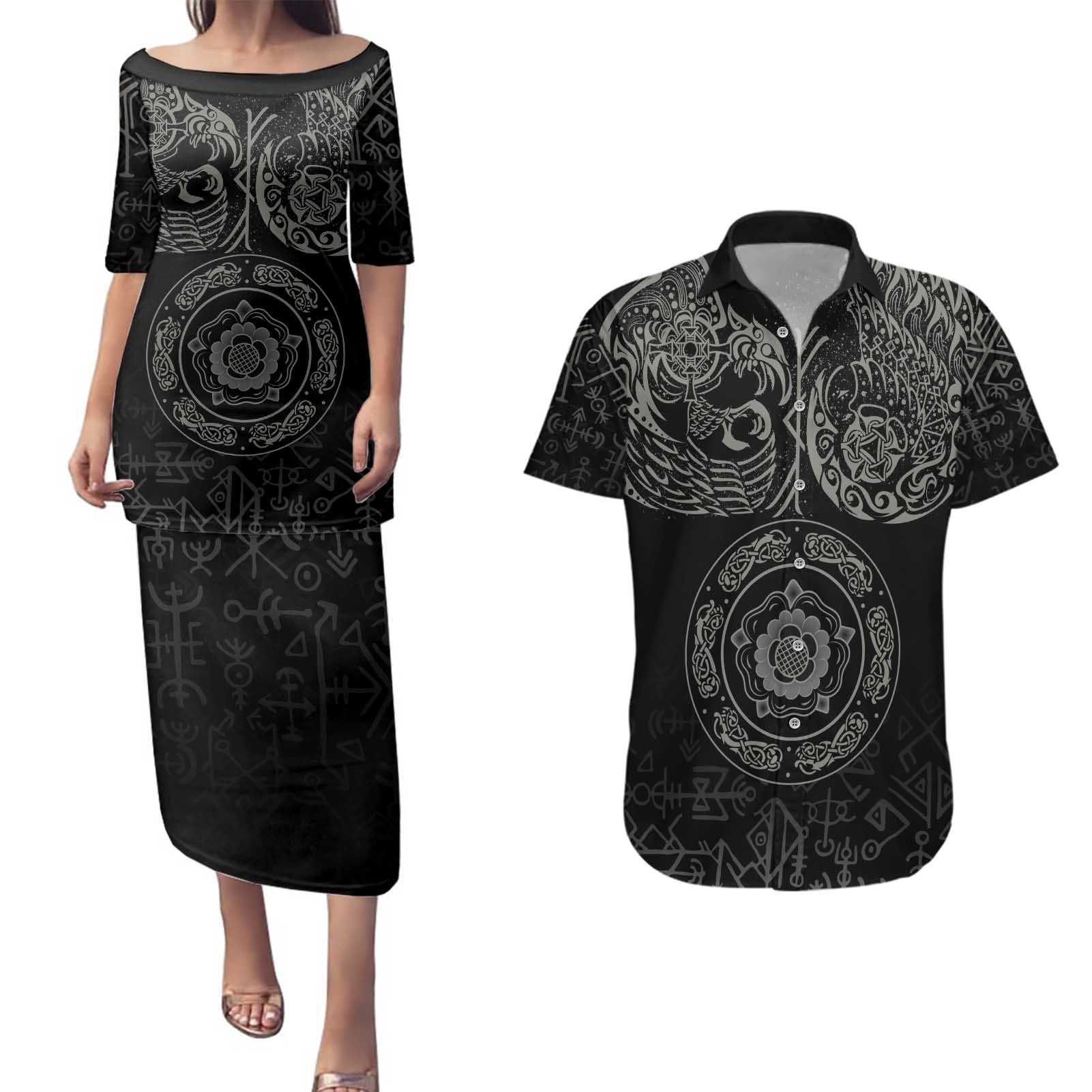 Viking Pride of Yorkshire Couples Matching Puletasi and Hawaiian Shirt Black Odin’s Ravens Nordic - Wonder Print Shop