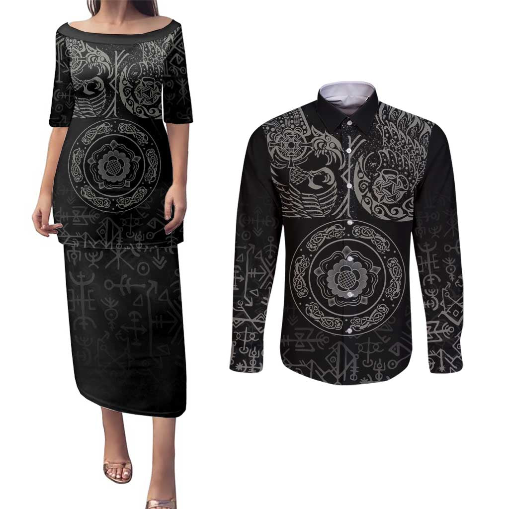 Viking Pride of Yorkshire Couples Matching Puletasi and Long Sleeve Button Shirt Black Odin’s Ravens Nordic - Wonder Print Shop