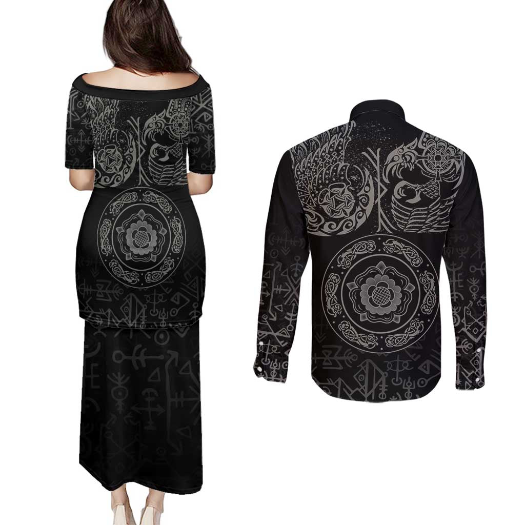Viking Pride of Yorkshire Couples Matching Puletasi and Long Sleeve Button Shirt Black Odin’s Ravens Nordic - Wonder Print Shop