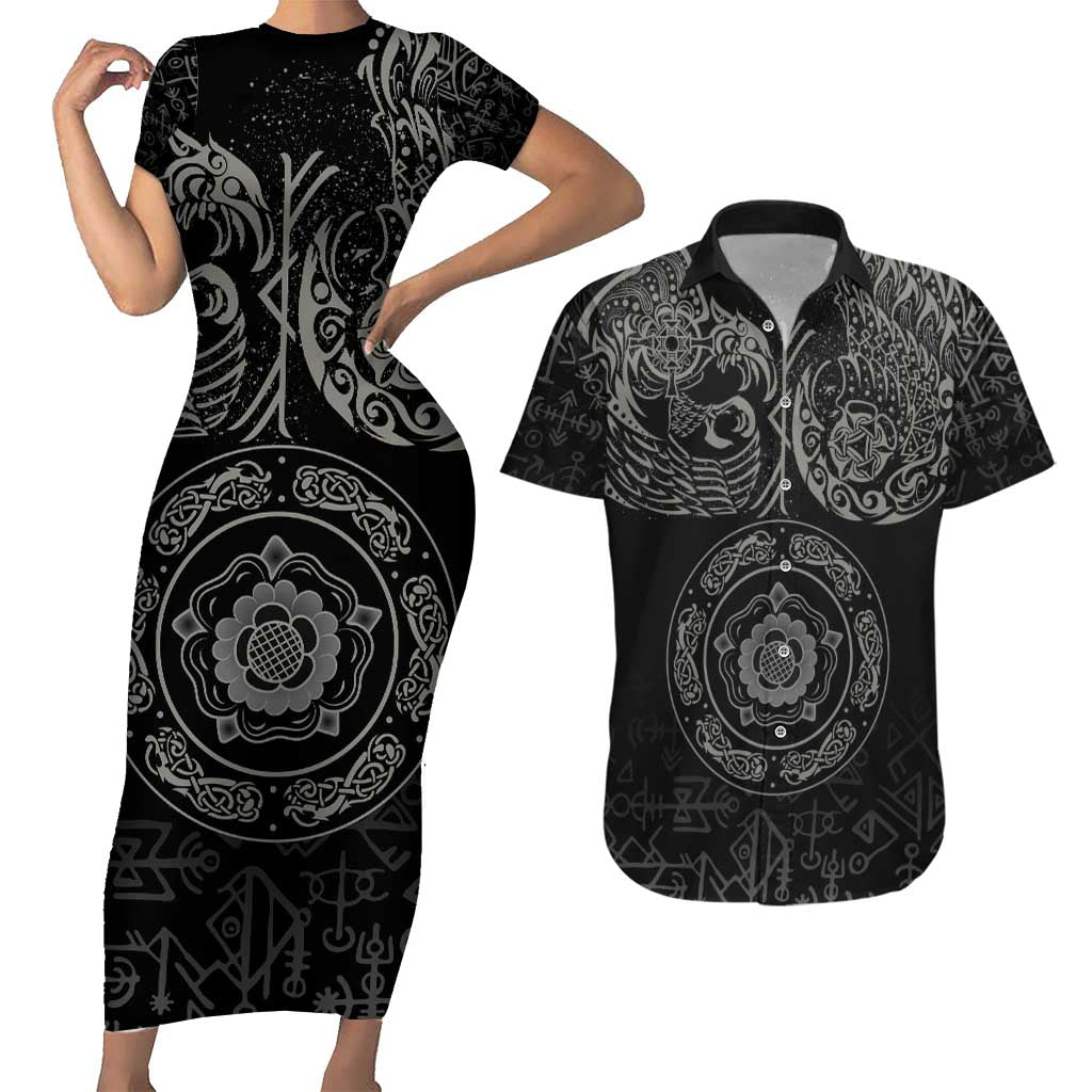 Viking Pride of Yorkshire Couples Matching Short Sleeve Bodycon Dress and Hawaiian Shirt Black Odin’s Ravens Nordic - Wonder Print Shop